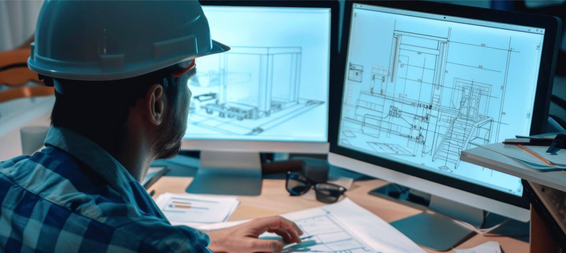 Engineer analyzing building design on monitors